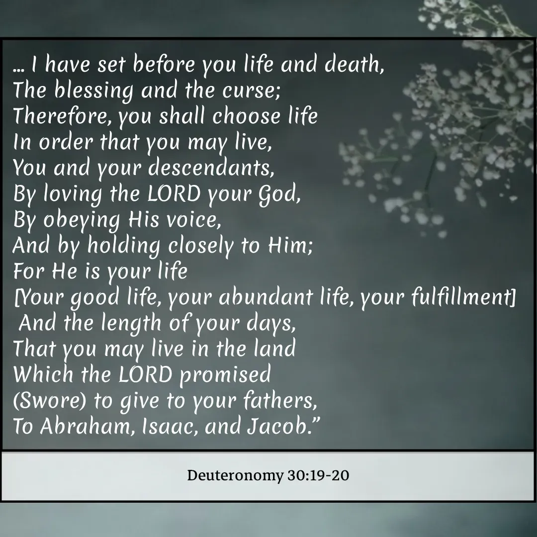 Quote by Mary Trevino - ... I have set before you life and death, 
The blessing and the curse; 
Therefore, you shall choose life 
In order that you may live, 
You and your descendants, 
By loving the LORD your God, 
By obeying His voice, 
And by holding closely to Him; 
For He is your life 
[Your good life, your abundant life, your fulfillment]
 And the length of your days, 
That you may live in the land 
Which the LORD promised 
(Swore) to give to your fathers, 
To Abraham, Isaac, and Jacob.”Deuteronomy 30:19-20 - Made using Quotes Creator App, Post Maker App
