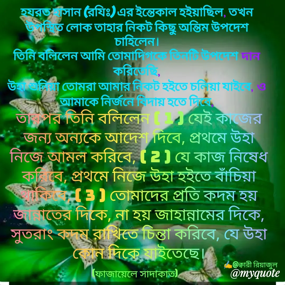 Quote by Riyajul Gharami - হযরত হাসান (রযিঃ) এর ইন্তেকাল হইয়াছিল, তখন উপস্থিত লোক তাহার নিকট কিছু অন্তিম উপদেশ চাহিলেন।
তিনি বলিলেন আমি তোমাদিগকে তিনটি উপদেশ দান করিতেছি,
উহা শুনিয়া তোমরা আমার নিকট হইতে চলিয়া যাইবে, ও আমাকে নির্জনে বিদায় হতে দিবে,
তারপর তিনি বলিলেন ( 1 ) যেই কাজের জন্য অন্যকে আদেশ দিবে, প্রথমে উহা নিজে আমল করিবে, ( 2 ) যে কাজ নিষেধ করিবে, প্রথমে নিজে উহা হইতে বাঁচিয়া থাকিবে, ( 3 ) তোমাদের প্রতি কদম হয় জান্নাতের দিকে, না হয় জাহান্নামের দিকে, সুতরাং কদম রাখিতে চিন্তা করিবে, যে উহা কোন দিকে যাইতেছে।(ফাজায়েলে সাদাকাত)✍️@ক্বারী রিয়াজুল - Made using Quotes Creator App, Post Maker App