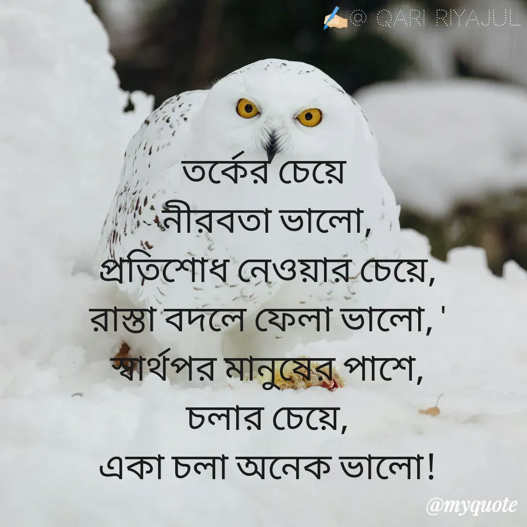 Quote by Riyajul Gharami - তর্কের চেয়ে 
নীরবতা ভালো,
প্রতিশোধ নেওয়ার চেয়ে,
রাস্তা বদলে ফেলা ভালো, '
স্বার্থপর মানুষের পাশে,
চলার চেয়ে,
একা চলা অনেক ভালো!

✍️🏻@ Qari Riyajul - Made using Quotes Creator App, Post Maker App