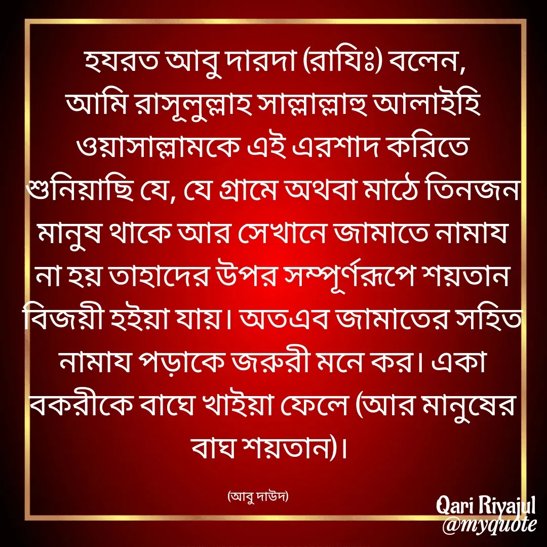 Quote by Riyajul Gharami -  হযরত আবু দারদা (রাযিঃ) বলেন, আমি রাসূলুল্লাহ সাল্লাল্লাহু আলাইহি ওয়াসাল্লামকে এই এরশাদ করিতে শুনিয়াছি যে, যে গ্রামে অথবা মাঠে তিনজন মানুষ থাকে আর সেখানে জামাতে নামায না হয় তাহাদের উপর সম্পূর্ণরূপে শয়তান বিজয়ী হইয়া যায়। অতএব জামাতের সহিত নামায পড়াকে জরুরী মনে কর। একা বকরীকে বাঘে খাইয়া ফেলে (আর মানুষের বাঘ শয়তান)। (আবু দাউদ)Qari Riyajul - Made using Quotes Creator App, Post Maker App