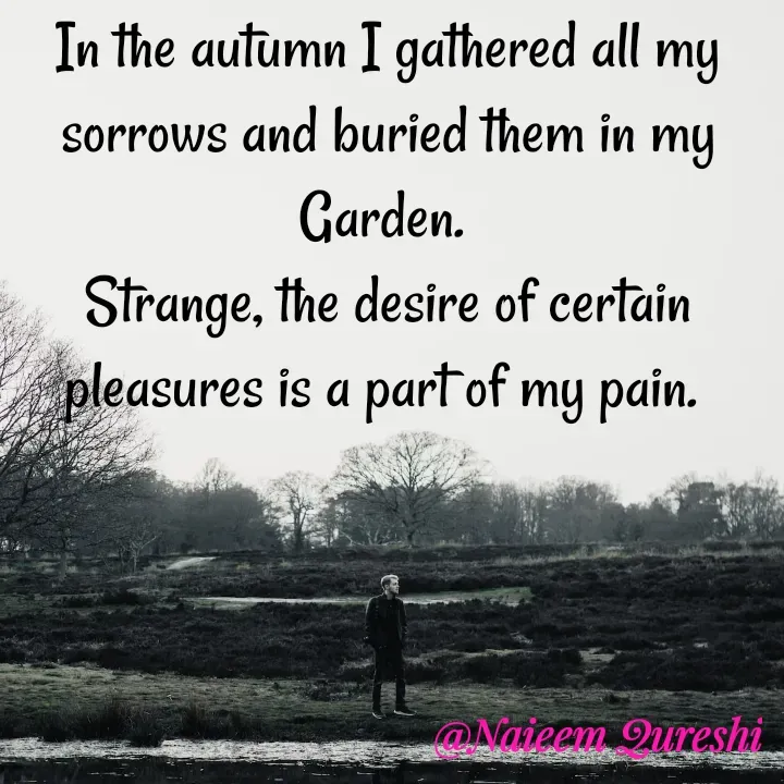Quote by Naieem Qureshi ☑️ - In the autumn I gathered all my sorrows and buried them in my Garden. 
Strange, the desire of certain pleasures is a part of my pain.  - Made using Quotes Creator App, Post Maker App