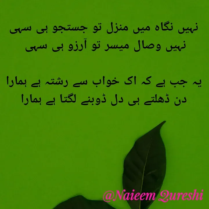 Quote by Naieem Qureshi ☑️ - نہیں نگاہ میں منزل تو جستجو ہی سہی
نہیں وصال میسر تو آرزو ہی سہی 

یہ جب ہے کہ اک خواب سے رشتہ ہے ہمارا
دن ڈھلتے ہی دل ڈوبنے لگتا ہے ہمارا




 - Made using Quotes Creator App, Post Maker App