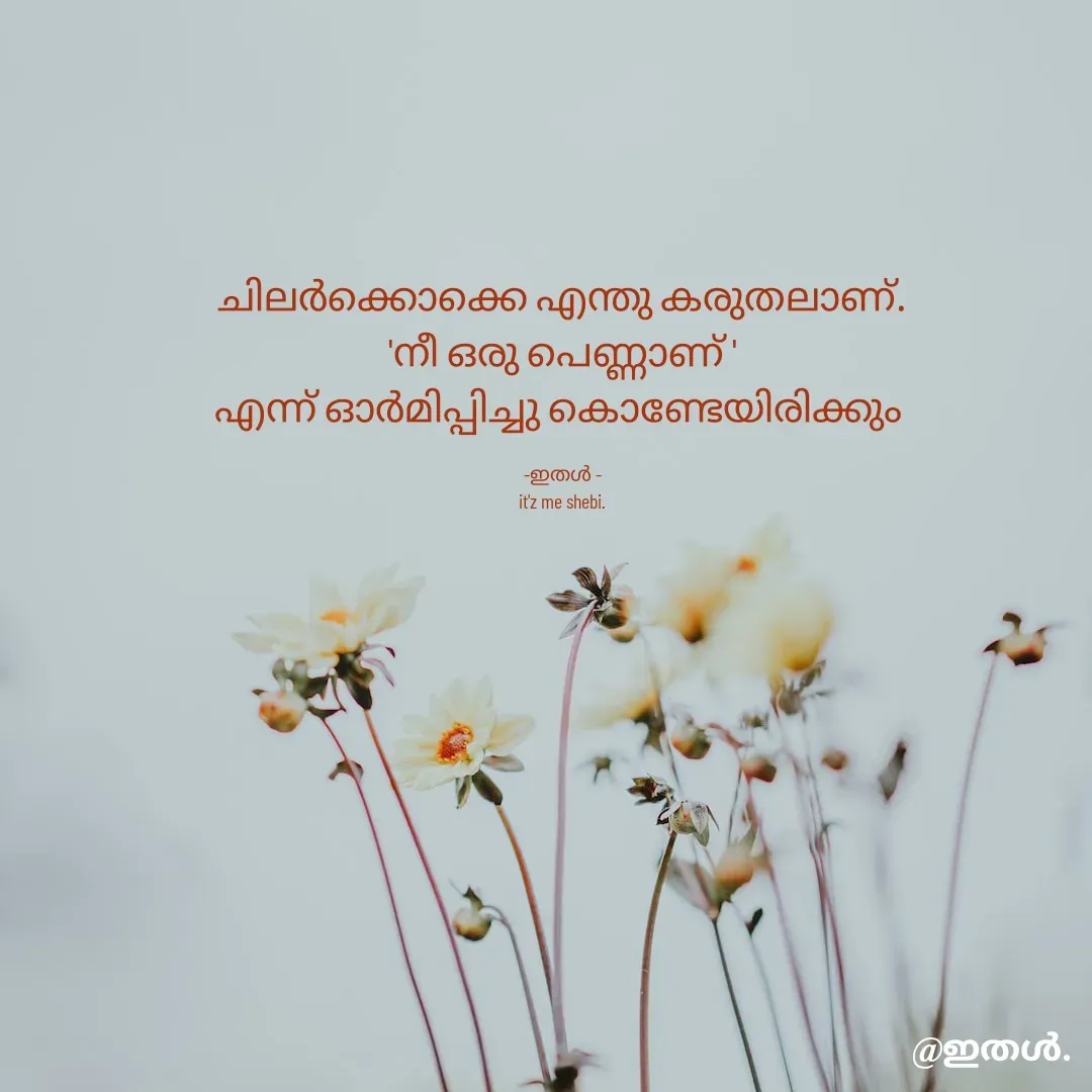 Quote by Shabeena P S - ചിലർക്കൊക്കെ എന്തു കരുതലാണ്.
'നീ ഒരു പെണ്ണാണ് '
എന്ന് ഓർമിപ്പിച്ചു കൊണ്ടേയിരിക്കും 

-ഇതൾ -
it'z me shebi. - Made using Quotes Creator App, Post Maker App