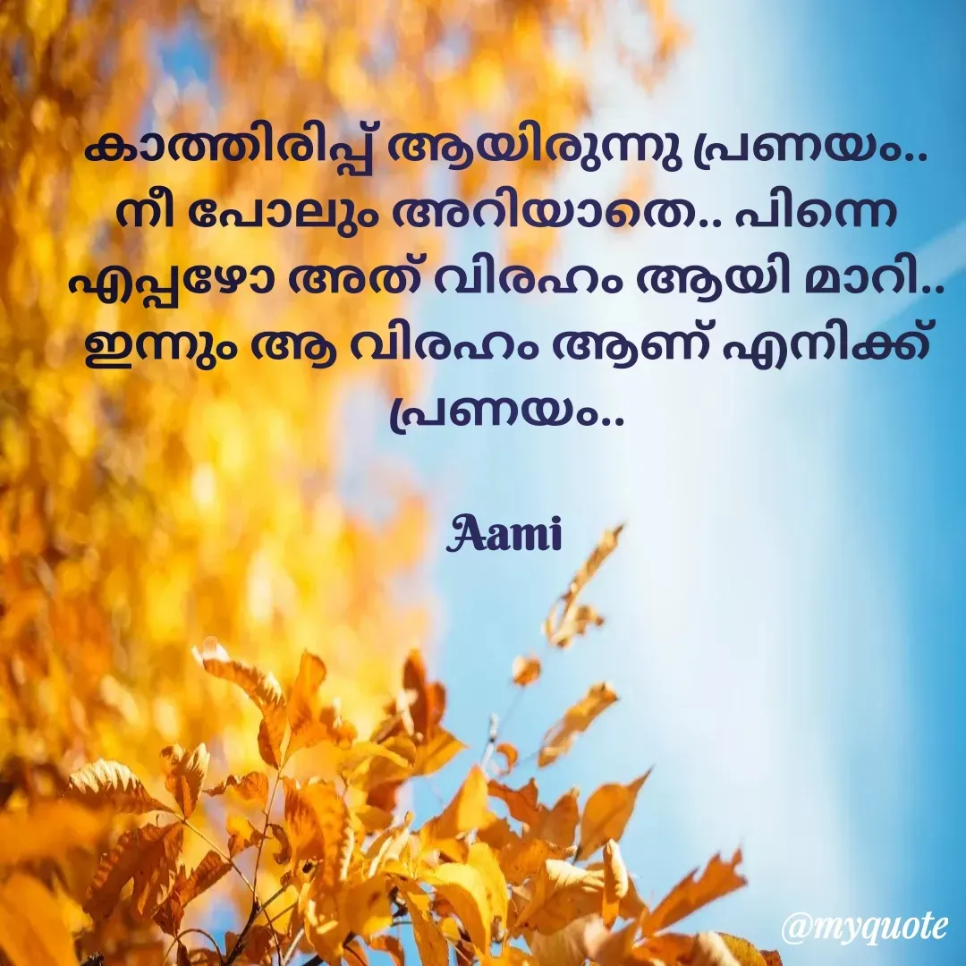 Quote by Minu Fadi - കാത്തിരിപ്പ് ആയിരുന്നു പ്രണയം.. നീ പോലും അറിയാതെ.. പിന്നെ എപ്പഴോ അത് വിരഹം ആയി മാറി.. ഇന്നും ആ വിരഹം ആണ് എനിക്ക് പ്രണയം..

Aami - Made using Quotes Creator App, Post Maker App