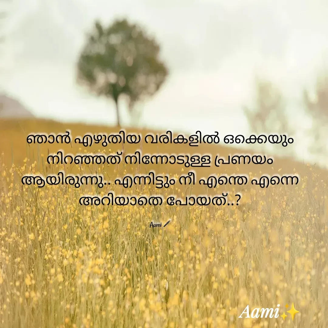 Quote by Aami Anu - ഞാൻ എഴുതിയ വരികളിൽ ഒക്കെയും നിറഞ്ഞത് നിന്നോടുള്ള പ്രണയം ആയിരുന്നു.. എന്നിട്ടും നീ എന്തെ എന്നെ അറിയാതെ പോയത്..?

Aami🖋️ - Made using Quotes Creator App, Post Maker App