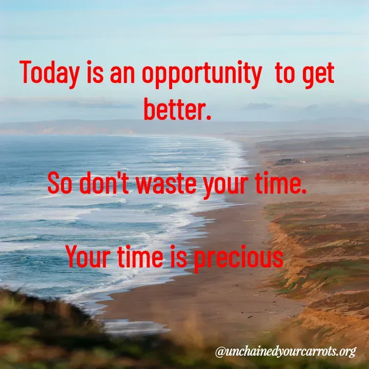 Quote by Unchained Your Carrots - Today is an opportunity  to get better.

So don't waste your time.

Your time is precious  - Made using Quotes Creator App, Post Maker App