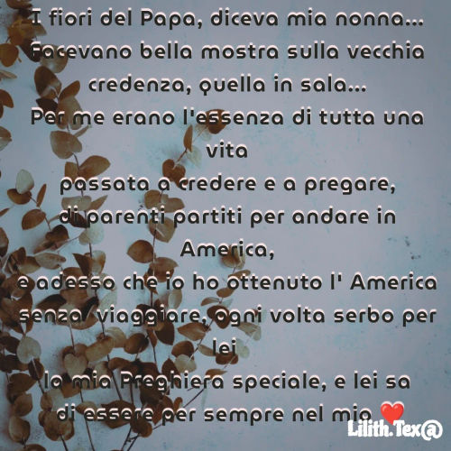 Quote by Simona Rosa - I fiori del Papa, diceva mia nonna...
Facevano bella mostra sulla vecchia
credenza, quella in sala...
Per me erano l'essenza di tutta una vita
passata a credere e a pregare,
di parenti partiti per andare in America,
e adesso che io ho ottenuto l' America senza  viaggiare, ogni volta serbo per lei 
la mia Preghiera speciale, e lei sa
 di essere per sempre nel mio ❤️
 - Made using Quotes Creator App, Post Maker App