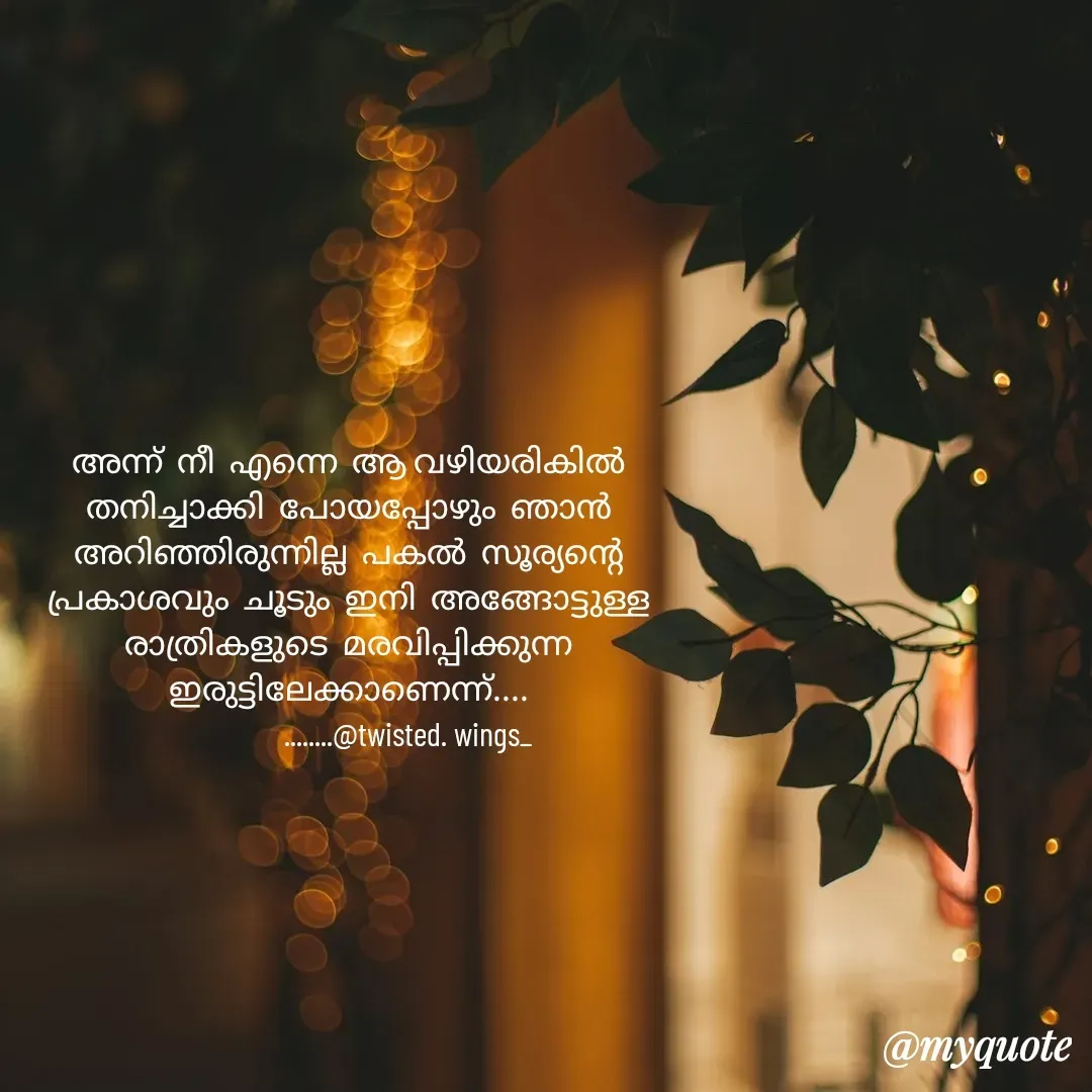 Quote by Garlic Gretel - അന്ന്  നീ  എന്നെ  ആ വഴിയരികിൽ  തനിച്ചാക്കി  പോയപ്പോഴും  ഞാൻ  അറിഞ്ഞിരുന്നില്ല  പകൽ  സൂര്യന്റെ  പ്രകാശവും  ചൂടും  ഇനി  അങ്ങോട്ടുള്ള  രാത്രികളുടെ  മരവിപ്പിക്കുന്ന ഇരുട്ടിലേക്കാണെന്ന്....
                 ........@twisted. wings_ - Made using Quotes Creator App, Post Maker App
