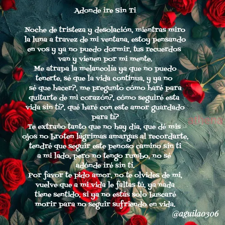 Quote by Marce... Aguila0306 - Adonde ire Sin Ti

Noche de tristeza y desolación, mientras miro
la luna a travez de mi ventana, estoy pensando
en vos y ya no puedo dormir, tus recuerdos 
van y vienen por mi mente.
Me atrapa la melancolía ya que no puedo
tenerte, sé que la vida continua, y ya no 
sé que hacer?, me pregunto cómo haré para
quitarte de mi corazón?, cómo seguiré esta 
vida sin tí?, qué haré con este amor guardado
para tí?
Te extraño tanto que no hay día, que dé mis 
ojos no broten lágrimas amargas al recordarte,
tendré que seguir este penoso camino sin ti
a mi lado, pero no tengo rumbo, no sé 
adónde iré sin tí.
Por favor te pido amor, no te olvides de mi,
vuelve que a mi vida le faltas tú, ya nada
tiene sentido, si ya no estás solo buscaré
morir para no seguir sufriendo en vida. - Made using Quotes Creator App, Post Maker App