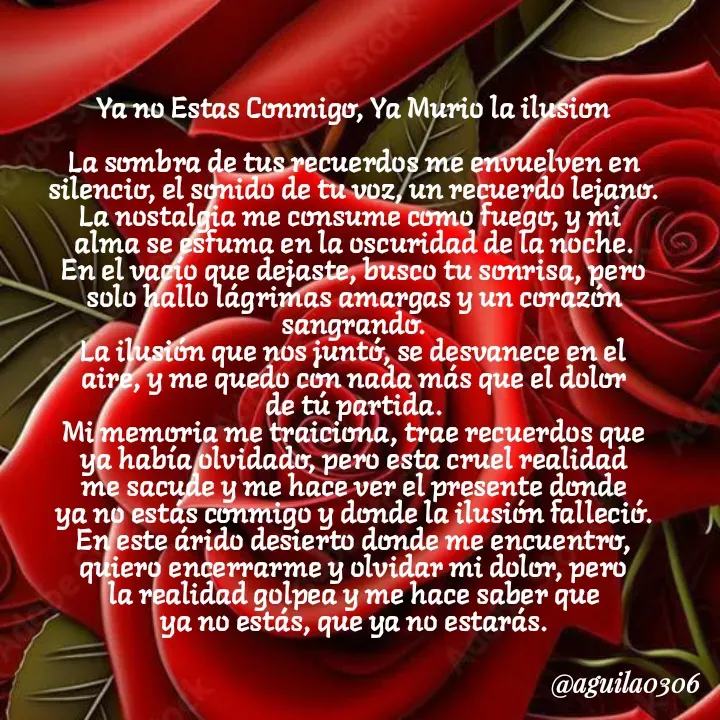 Quote by Marce... Aguila0306 - Ya no Estas Conmigo, Ya Murio la ilusion

La sombra de tus recuerdos me envuelven en
silencio, el sonido de tu voz, un recuerdo lejano.
La nostalgia me consume como fuego, y mi 
alma se esfuma en la oscuridad de la noche.
En el vacío que dejaste, busco tu sonrisa, pero
solo hallo lágrimas amargas y un corazón
sangrando.
La ilusión que nos juntó, se desvanece en el
aire, y me quedo con nada más que el dolor
de tú partida.
Mi memoria me traiciona, trae recuerdos que
ya había olvidado, pero esta cruel realidad
me sacude y me hace ver el presente donde
ya no estás conmigo y donde la ilusión falleció.
En este árido desierto donde me encuentro,
quiero encerrarme y olvidar mi dolor, pero
la realidad golpea y me hace saber que
ya no estás, que ya no estarás. - Made using Quotes Creator App, Post Maker App