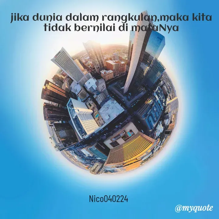 Quote by Ong tenny - 

jika dunia dalam rangkulan,maka kita tidak bernilai di mataNya

Nico040224 - Made using Quotes Creator App, Post Maker App