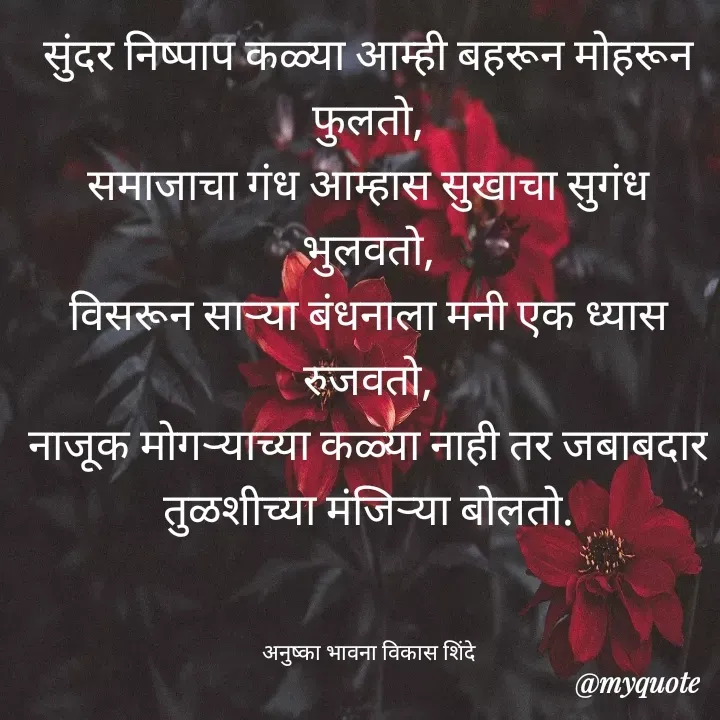 Quote by Anushka Shinde - सुंदर निष्पाप कळ्या आम्ही बहरून मोहरून फुलतो,
समाजाचा गंध आम्हास सुखाचा सुगंध भुलवतो,
विसरून साऱ्या बंधनाला मनी एक ध्यास रुजवतो,
नाजूक मोगऱ्याच्या कळ्या नाही तर जबाबदार तुळशीच्या मंजिऱ्या बोलतो.



अनुष्का भावना विकास शिंदे - Made using Quotes Creator App, Post Maker App