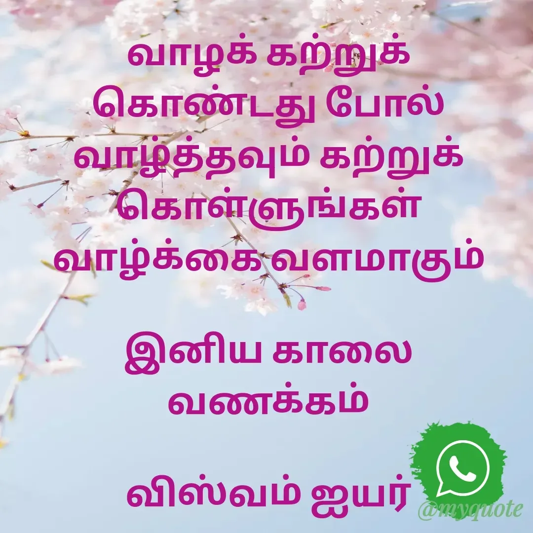 Quote by viswam iyer - வாழக் கற்றுக் கொண்டது போல் வாழ்த்தவும் கற்றுக் கொள்ளுங்கள்
வாழ்க்கை வளமாகும்

இனிய காலை வணக்கம்

விஸ்வம் ஐயர் - Made using Quotes Creator App, Post Maker App
