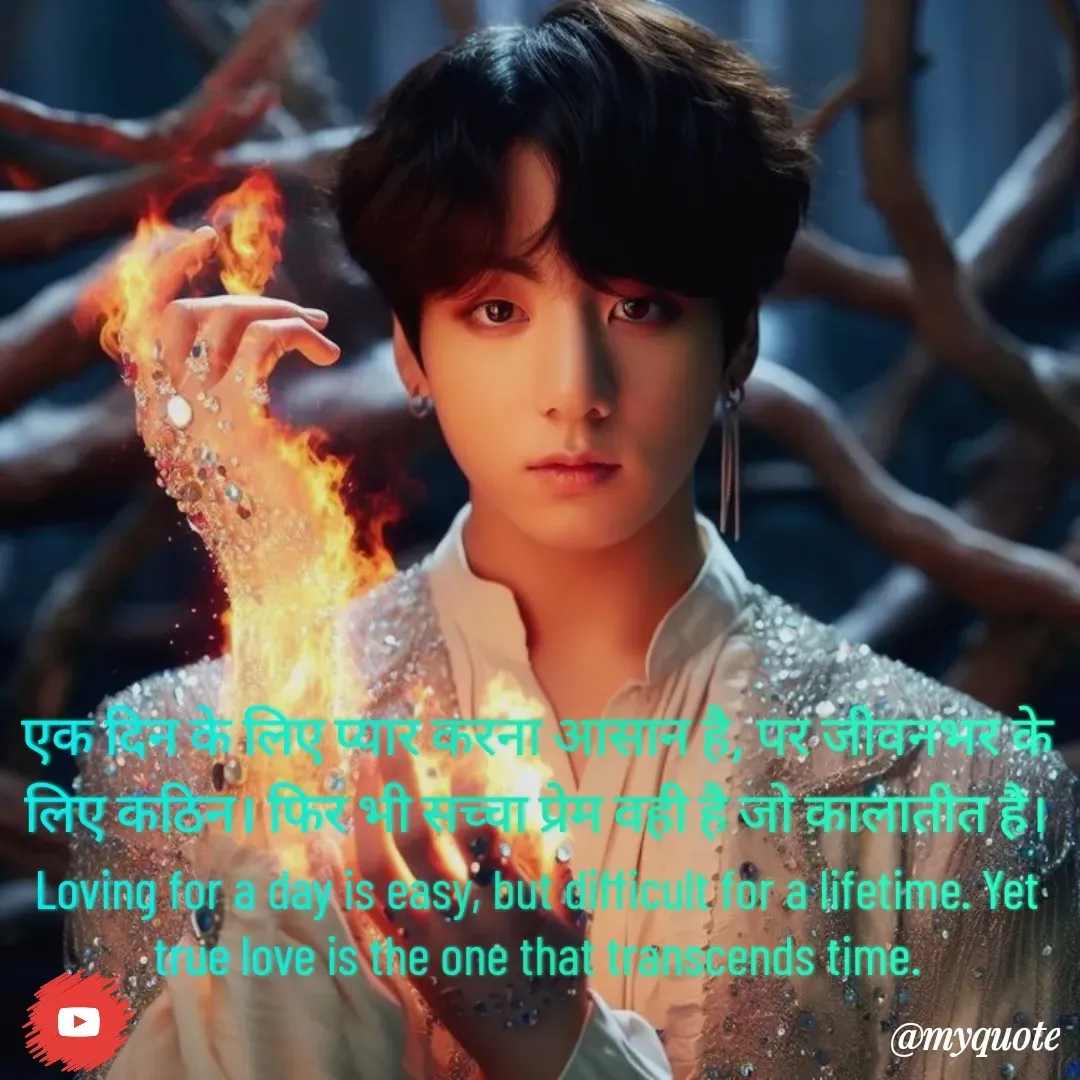 Quote by Jeon Monika - एक दिन के लिए प्यार करना आसान है, पर जीवनभर के लिए कठिन। फिर भी सच्चा प्रेम वही है जो कालातीत है।Loving for a day is easy, but difficult for a lifetime. Yet true love is the one that transcends time. - Made using Quotes Creator App, Post Maker App