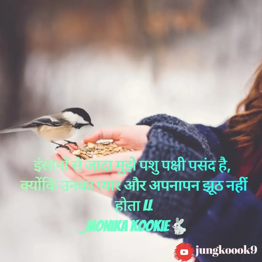 Quote by Monika Kookie - इंसानों से जादा मुझे पशु पक्षी पसंद है, 
क्योंकि उनका प्यार और अपनापन झूठ नहीं होता ll
_Monika Kookie🐇 - Made using Quotes Creator App, Post Maker App