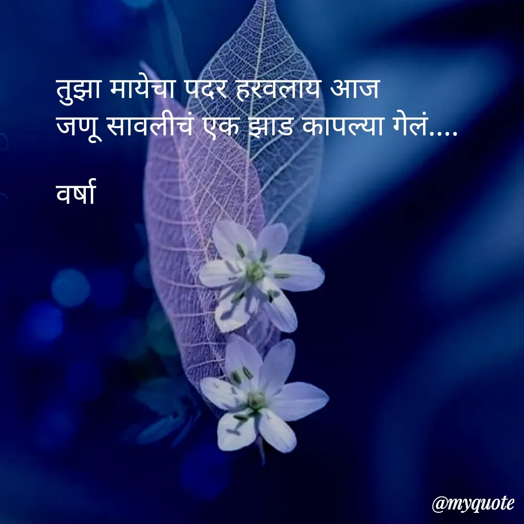 Quote by Varsha Bagwan - तुझा मायेचा पदर हरवलाय आज
जणू सावलीचं एक झाड कापल्या गेलं....

वर्षा  - Made using Quotes Creator App, Post Maker App
