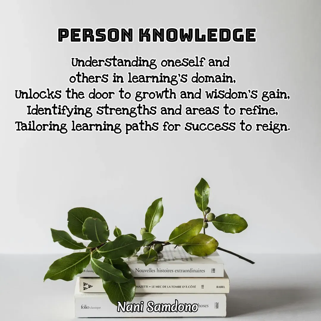 Quote by Nani Samdono - PERSON KNOWLEDGEUnderstanding oneself and 
others in learning's domain,
Unlocks the door to growth and wisdom's gain,
Identifying strengths and areas to refine,
Tailoring learning paths for success to reign. - Made using Quotes Creator App, Post Maker App