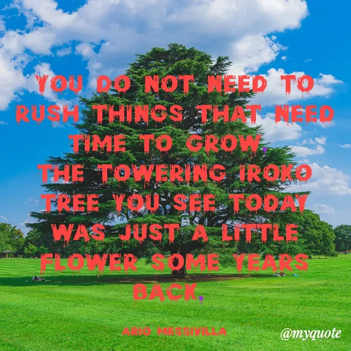 Quote by Massaquoi Sheku - You do not need to rush things that need time to grow. 
The towering Iroko tree you see today was just a little flower some years back. 

Ario Messivilla - Made using Quotes Creator App, Post Maker App