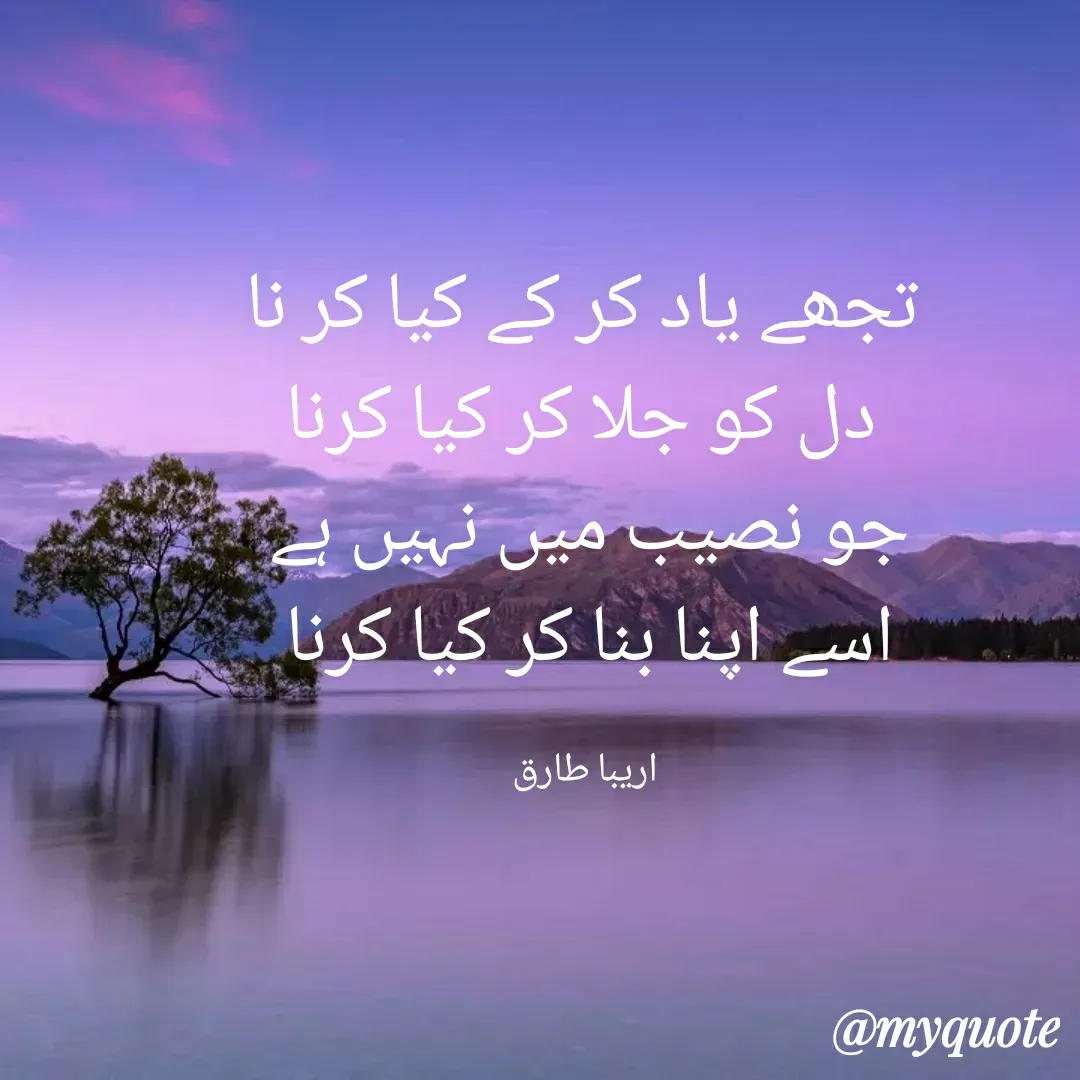Quote by Areeba Khan - تجھے یاد کر کے کیا کر نا
دل کو جلا کر کیا کرنا
جو نصیب میں نہیں ہے 
اسے اپنا بنا کر کیا کرنا 

اریبا طارق  - Made using Quotes Creator App, Post Maker App
