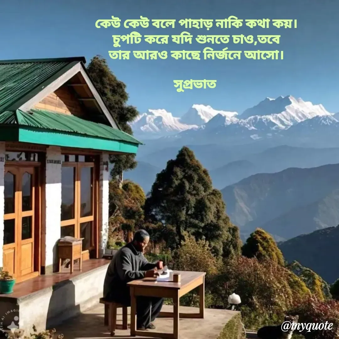 Quote by Tapan Bhattacharjee - কেউ কেউ বলে পাহাড় নাকি কথা কয়।
চুপটি করে যদি শুনতে চাও,তবে
তার আরও কাছে নির্জনে আসো।

সুপ্রভাত  - Made using Quotes Creator App, Post Maker App