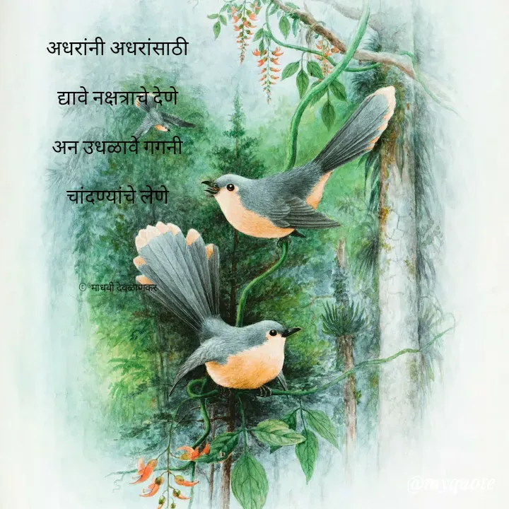 Quote by madhavi nd - अधरांनी अधरांसाठी

द्यावे नक्षत्राचे देणे

अन उधळावे गगनी

चांदण्यांचे लेणे




©®माधवी देवळाणकर - Made using Quotes Creator App, Post Maker App