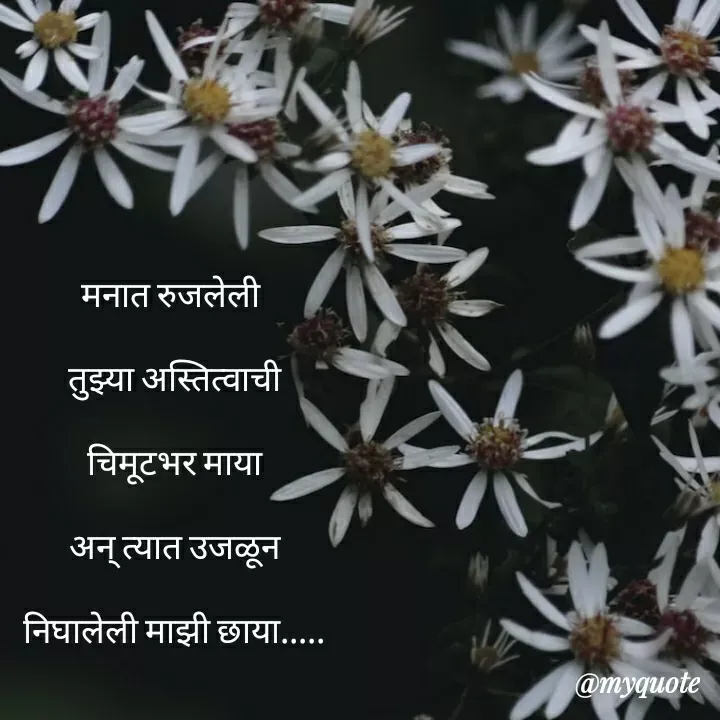 Quote by madhavi nd - मनात रुजलेली 

तुझ्या अस्तित्वाची

चिमूटभर माया

अन् त्यात उजळून

निघालेली माझी छाया.....


किती अन् काय काय

सांगायचे असते तुला

पण नाही 

प्रिय… 

त्या दोन शब्दांमधली 

रिकामी जागा 

अशी शब्दात 

पकडता येत नाही मला

मग सांगायचे सारेच 

राहून जाते….


कुठेतरी कोसळलेला पाऊस

धुक्याची घनगर्द चादर

मत्त वाऱ्याने 

केलेला धुसमुसळेपणा

रात्रीच्या निरव वेळी

मनात उगवलेली चांदणी

मनात वाजलेली

ती शहाणी कडी…..


हे सारं तुला 

सांगताच येत नाही

त्यावेळी मी भरत बसते

तुझ्या माझ्या संवादातल्या 

कित्येक अपूर्ण जागा

व पुन्हा उजळून निघते

माझी तुझ्या अस्तित्वाने काया…..


©®माधवी देवळाणकर



 - Made using Quotes Creator App, Post Maker App