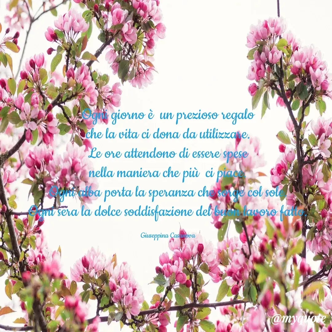 Quote by Baba Piciu' - Ogni giorno è  un prezioso regalo
che la vita ci dona da utilizzare.
Le ore attendono di essere spese
nella maniera che più  ci piace.
Ogni alba porta la speranza che sorge col sole.
Ogni sera la dolce soddisfazione del buon lavoro fatto.

Giuseppina Casanova - Made using Quotes Creator App, Post Maker App