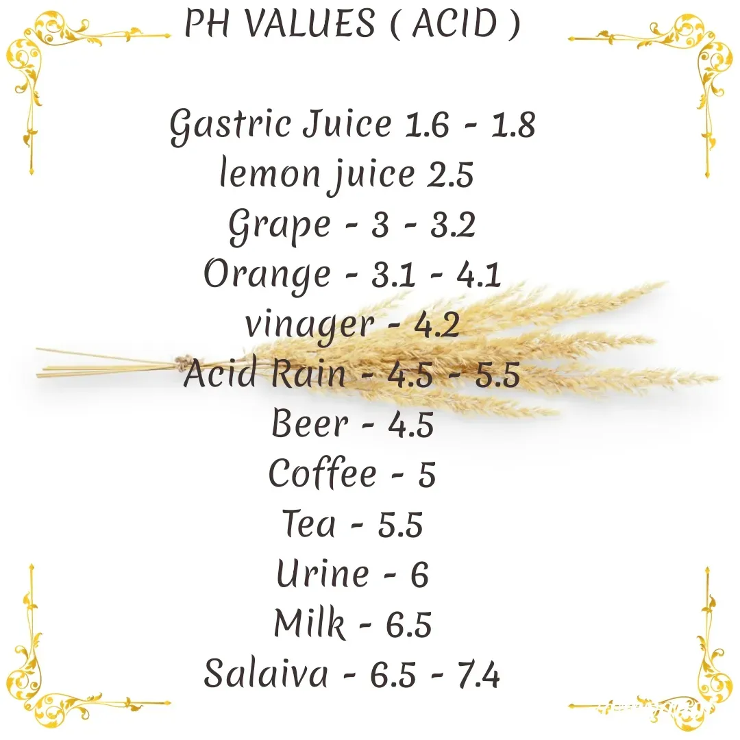 Quote by ANJANA B - PH VALUES ( ACID )

Gastric Juice 1.6 - 1.8
lemon juice 2.5 
Grape - 3 - 3.2
Orange - 3.1 - 4.1
vinager - 4.2
Acid Rain - 4.5 - 5.5
Beer - 4.5
Coffee - 5
Tea - 5.5
Urine - 6
Milk - 6.5
Salaiva - 6.5 - 7.4 - Made using Quotes Creator App, Post Maker App