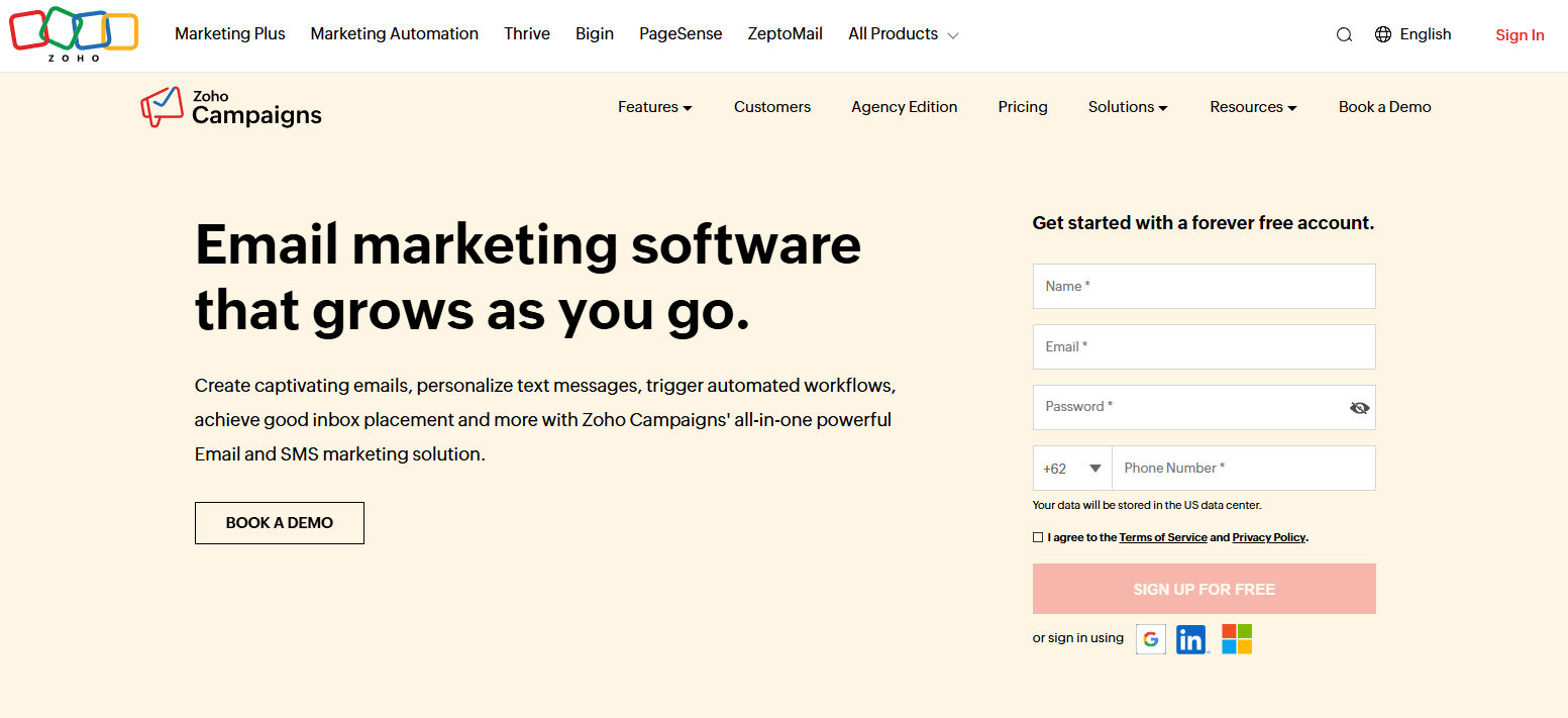 Zoho Campaigns homepage 
