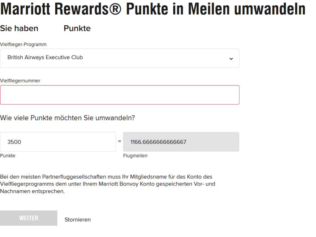 Mit dieser Maske kann man Marriott Punkte in Meilen umwandeln