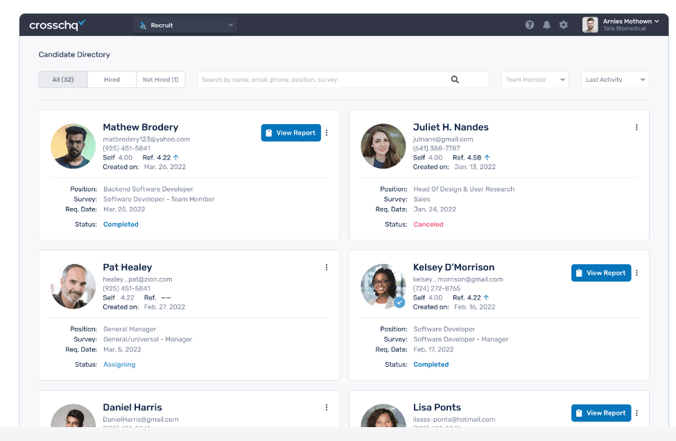 Sample data in Crosschq Recruit