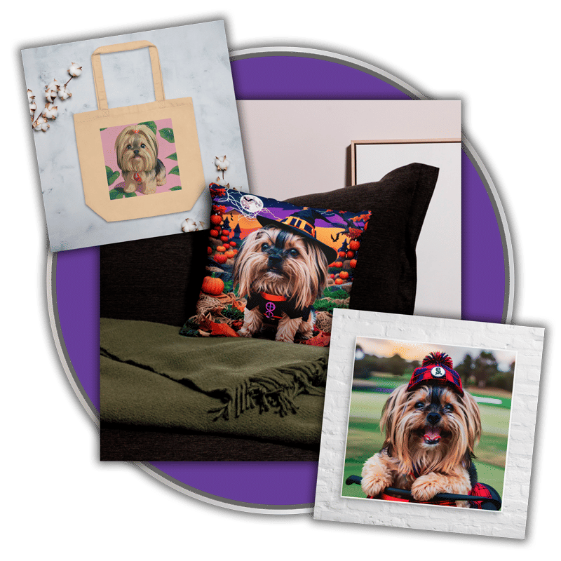 ai dog images on printed products and gear