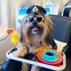 ai image of custom dog in the style of Summer Traveling 1st Class