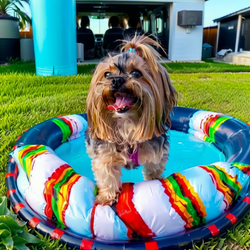 ai image of custom dog in the style of Summer Backyard Pool