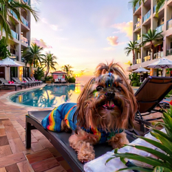 ai image of custom dog in the style of Summer Hotel Poolside