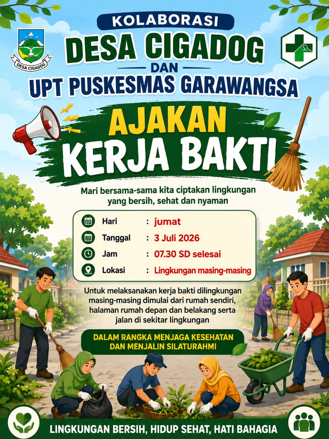 Sinergi Pemdes Cigadog dan Puskesmas Garawangsa Ajak Warga Kerja Bakti Massal