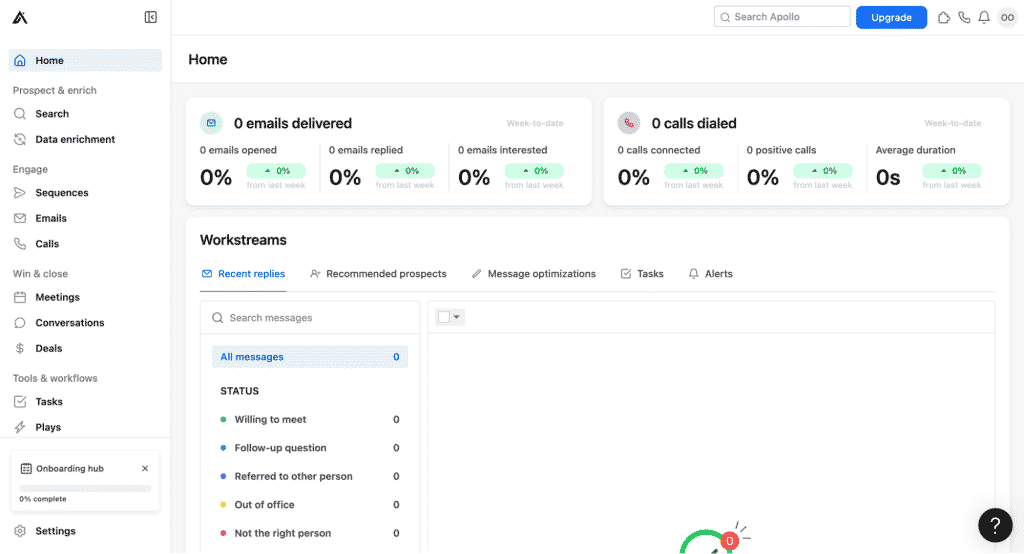 Apollo data enrichment interface showing the enriched prospect records with verified email addresses, company employee count, revenue range, technology stack, industry classification and other business intelligence fields added to each LinkedIn-extracted prospect