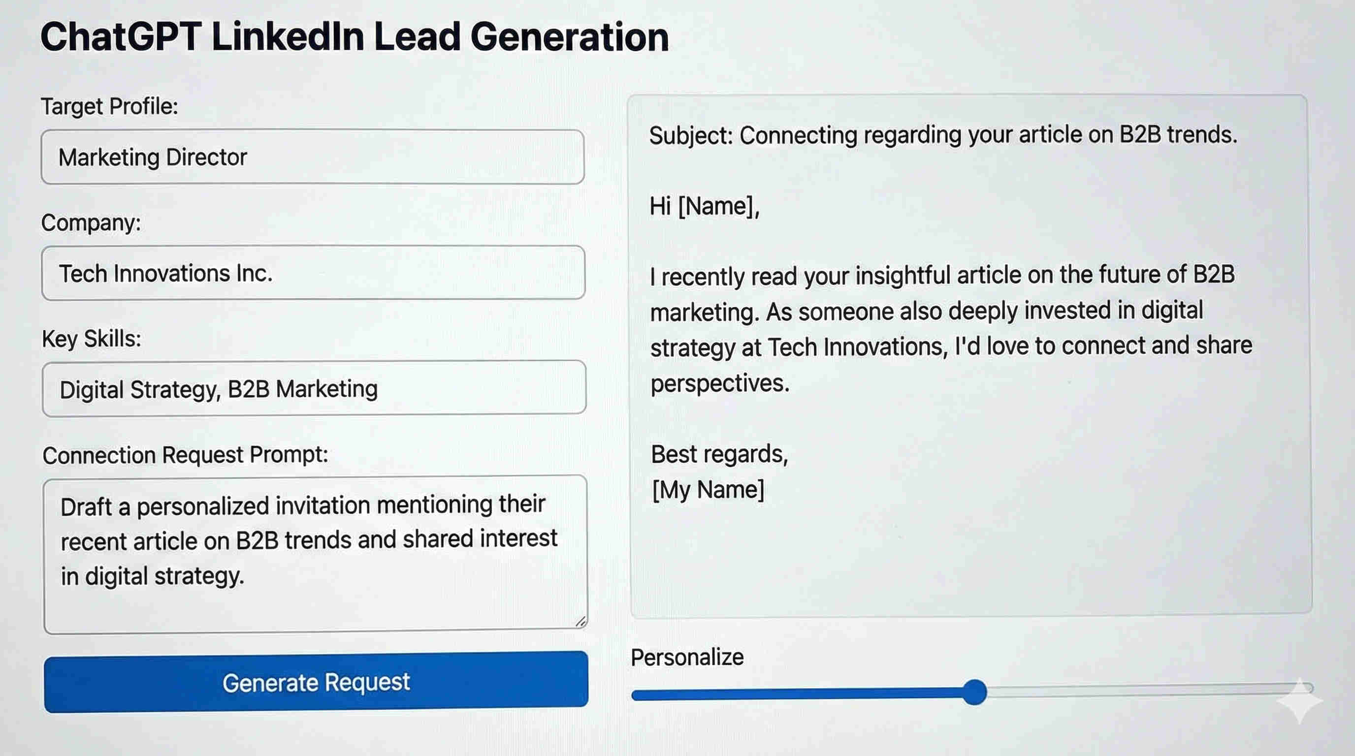 ChatGPT personalised email generation showing the AI prompt engineering setup and output — unique email content generated for each prospect referencing their specific company context, industry situation, and role-relevant value proposition rather than using merge-field template substitution