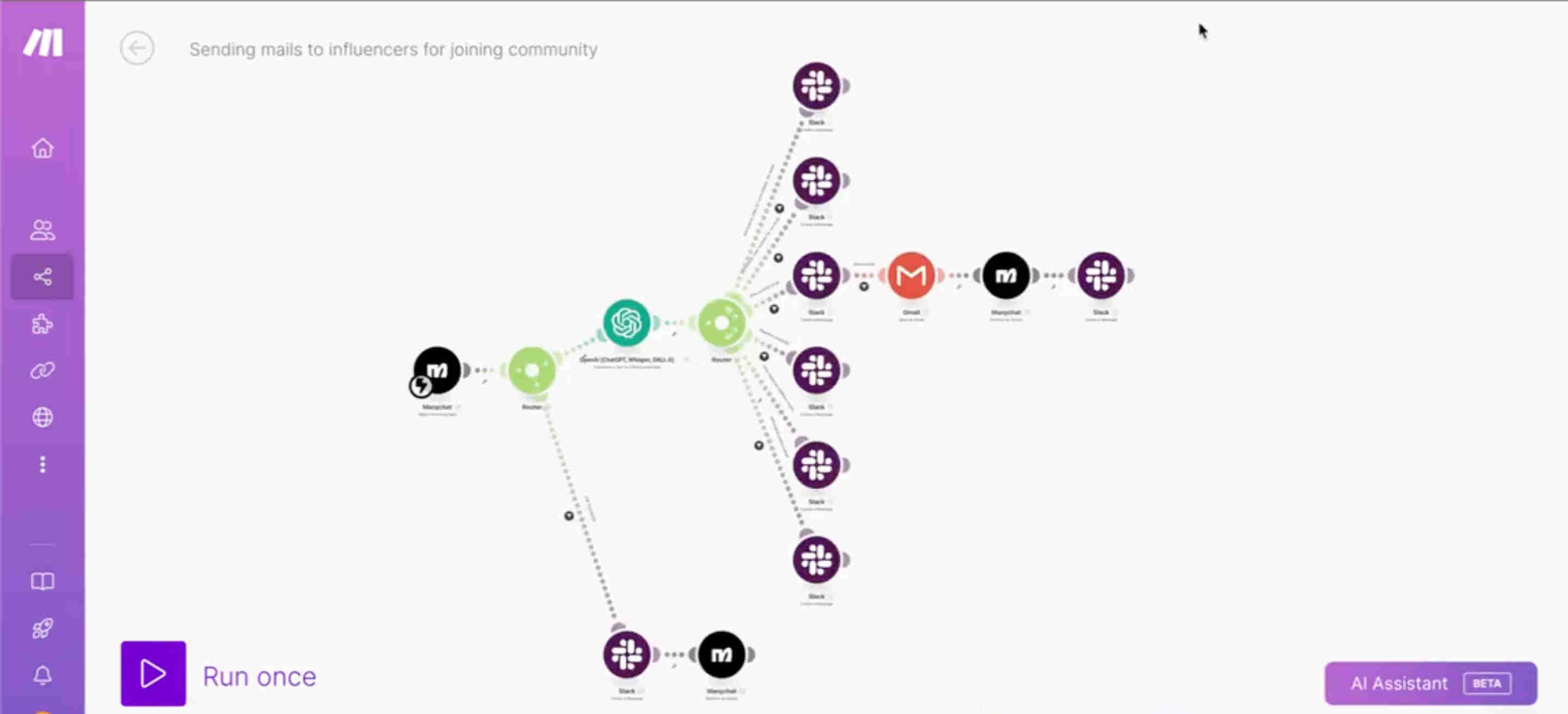 Make.com automation workflow showing the complete LinkedIn outreach pipeline — Phantom Buster trigger, Apollo enrichment API call, duplicate detection router, ChatGPT email generation, quality validation, Mailerlite subscriber creation and campaign assignment