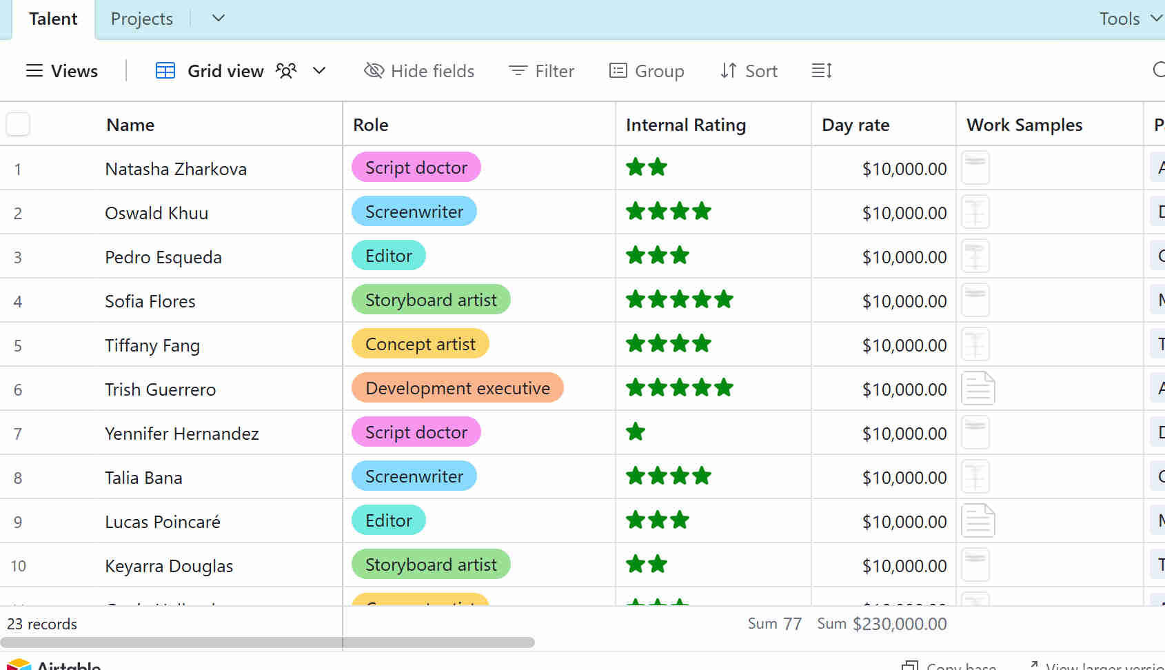 Airtable job database management view showing structured job posting records with company name, job title, job type, posting date, location, job description excerpt, and last-seen timestamp columns — all automatically populated from daily Apify scraping runs