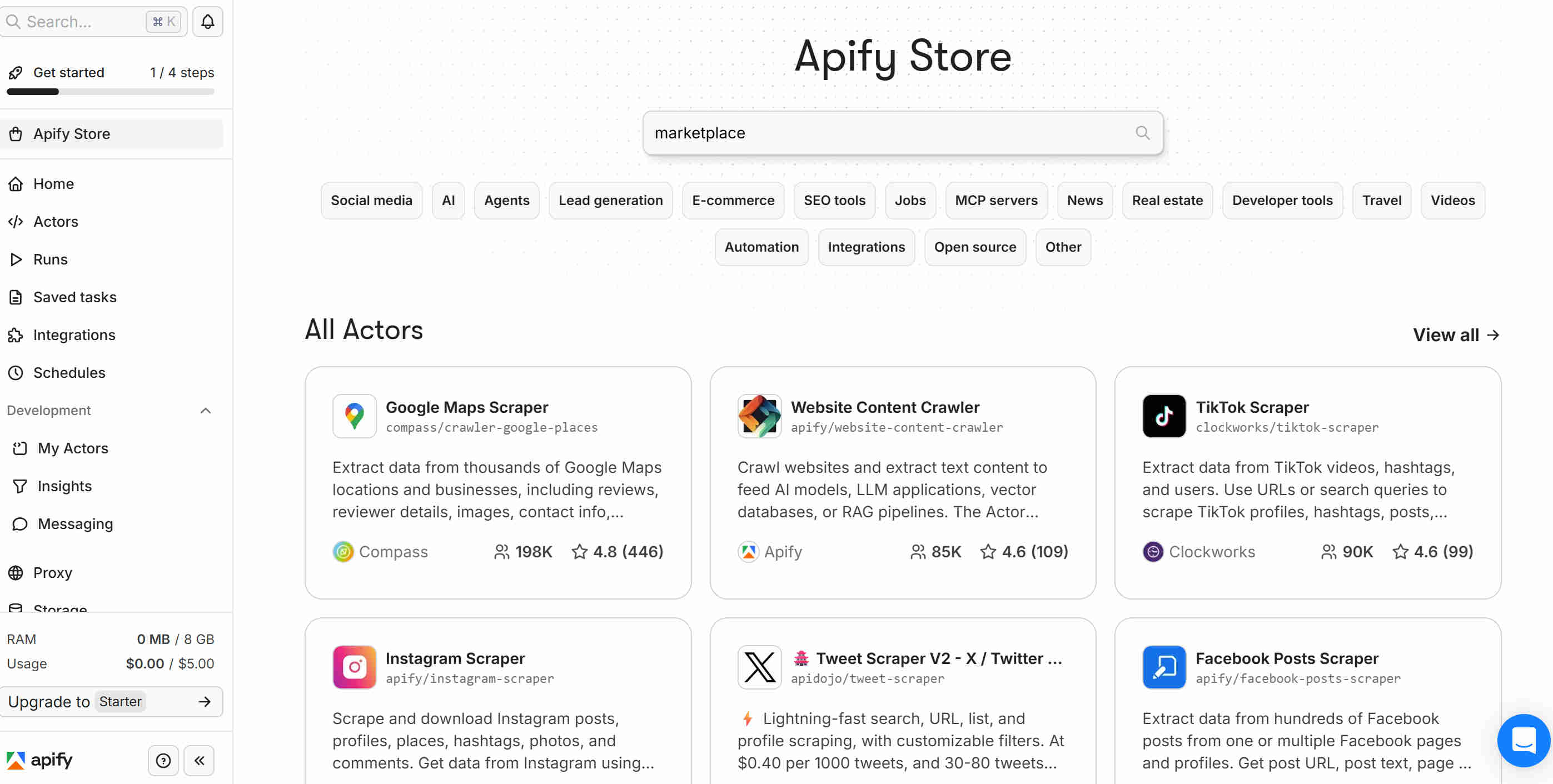 Apify Actor Marketplace showing the LinkedIn job scraper actor configuration panel with search parameters including keywords, location, date range, and result count settings — the scraping engine that extracts structured job posting data from LinkedIn automatically