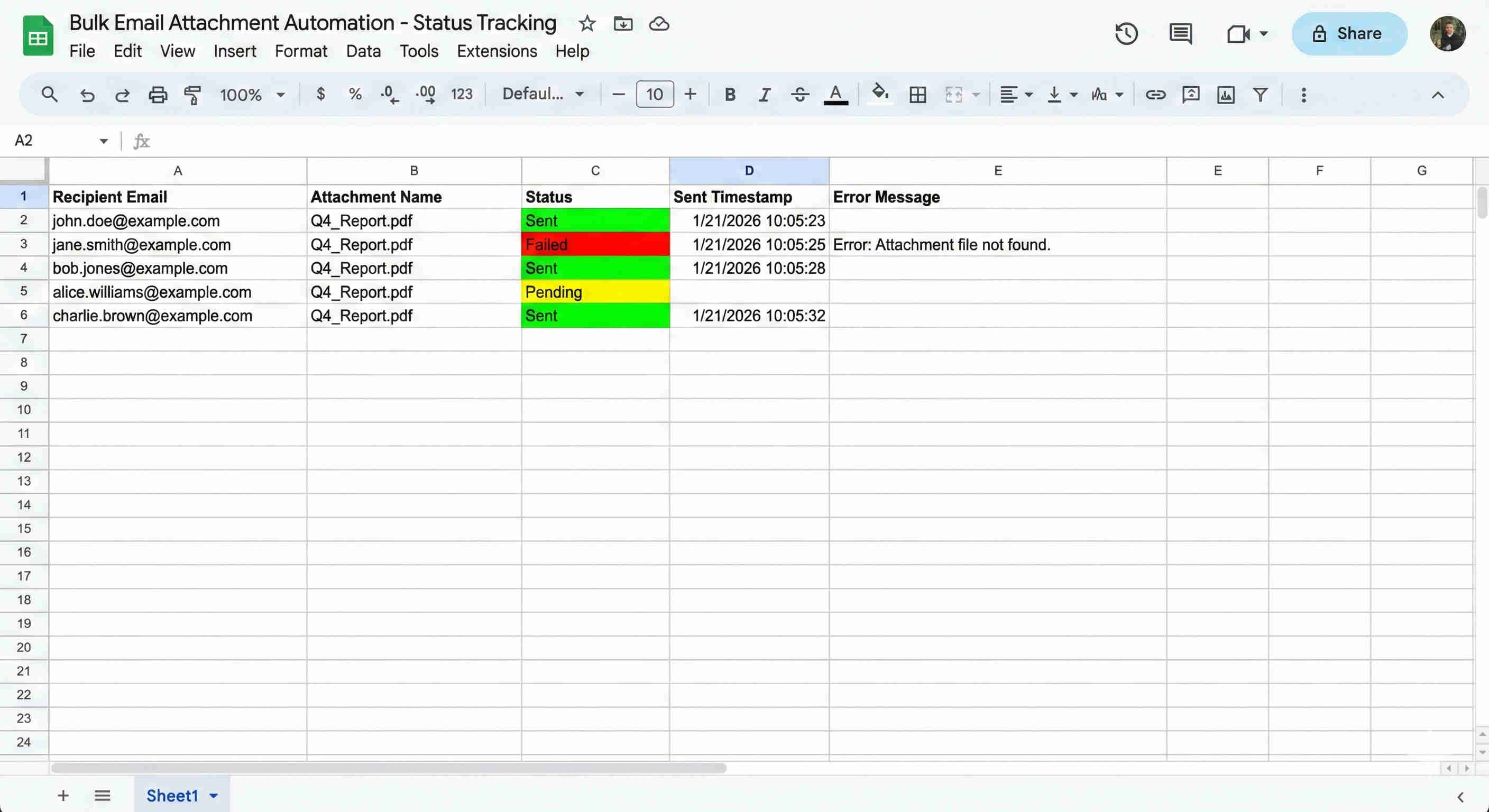 Google Sheets status tracking showing the recipient database after the bulk email send with status column updated from Valid to Sent for all processed rows — demonstrating the automatic audit trail that prevents duplicate sends and provides a complete record of all delivered communications