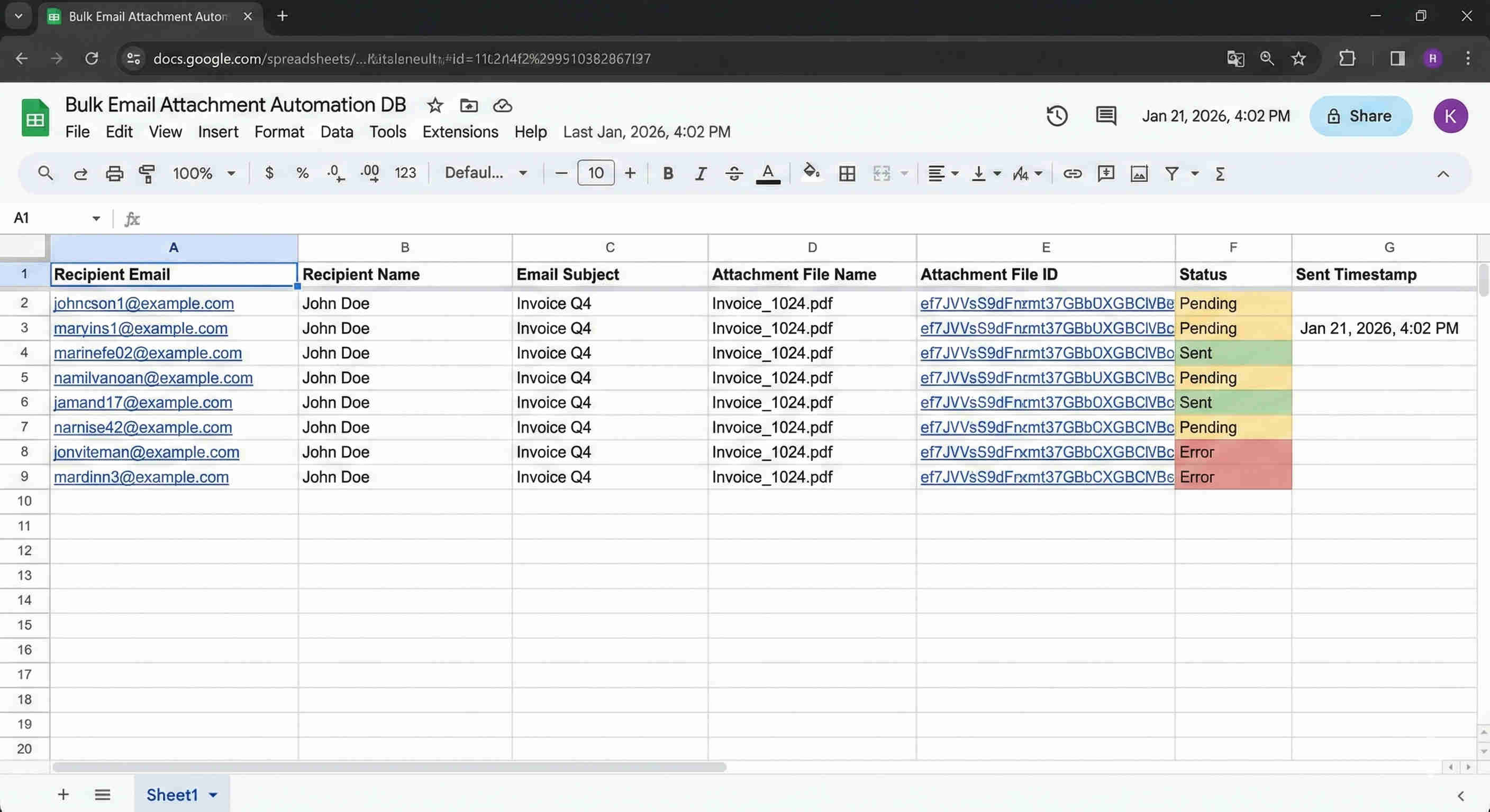 Google Sheets database showing the bulk email automation recipient management spreadsheet with columns for email ID, first name, last name, subject line, email body content, comma-separated Google Drive attachment file IDs, and status field showing Valid and Sent states
