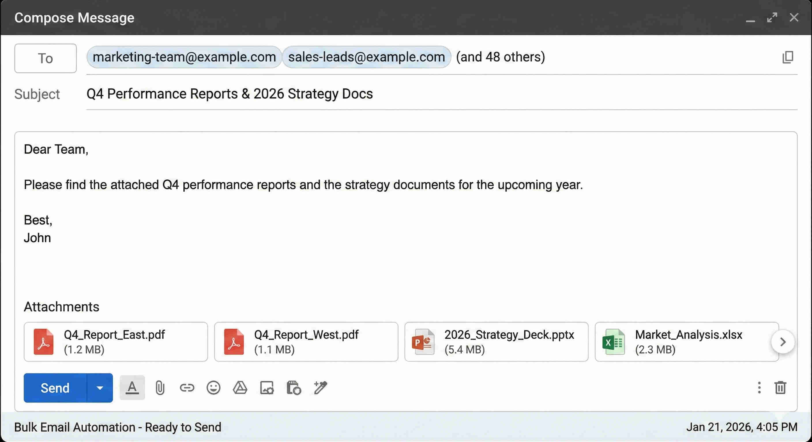 Personalised email with multiple attachments delivered to recipient inbox showing the Gmail message with the recipient's name in the greeting, personalised subject line, formatted email body, and multiple file attachments retrieved automatically from Google Drive