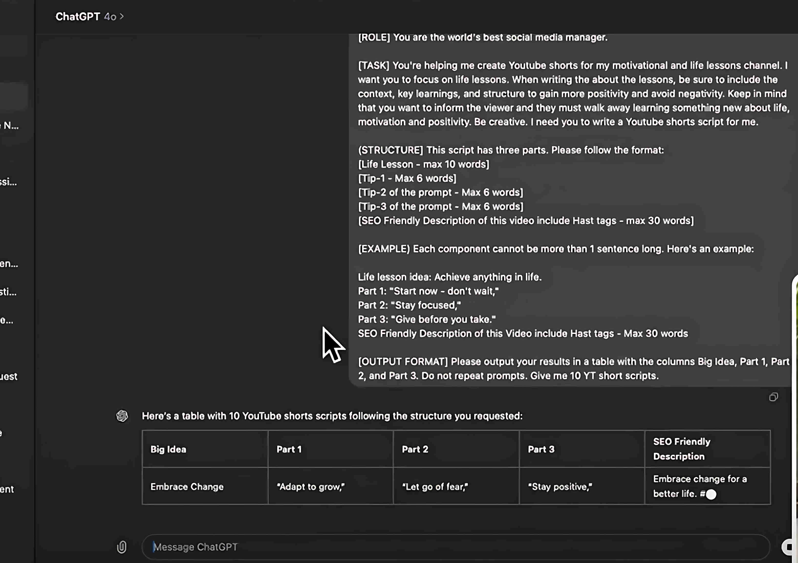 AI Content Generation and Prompt Engineering interface showing automated title and description generation for YouTube Shorts — AI produces SEO-optimised metadata for each video based on the content topic, ready to populate the Google Sheets content calendar