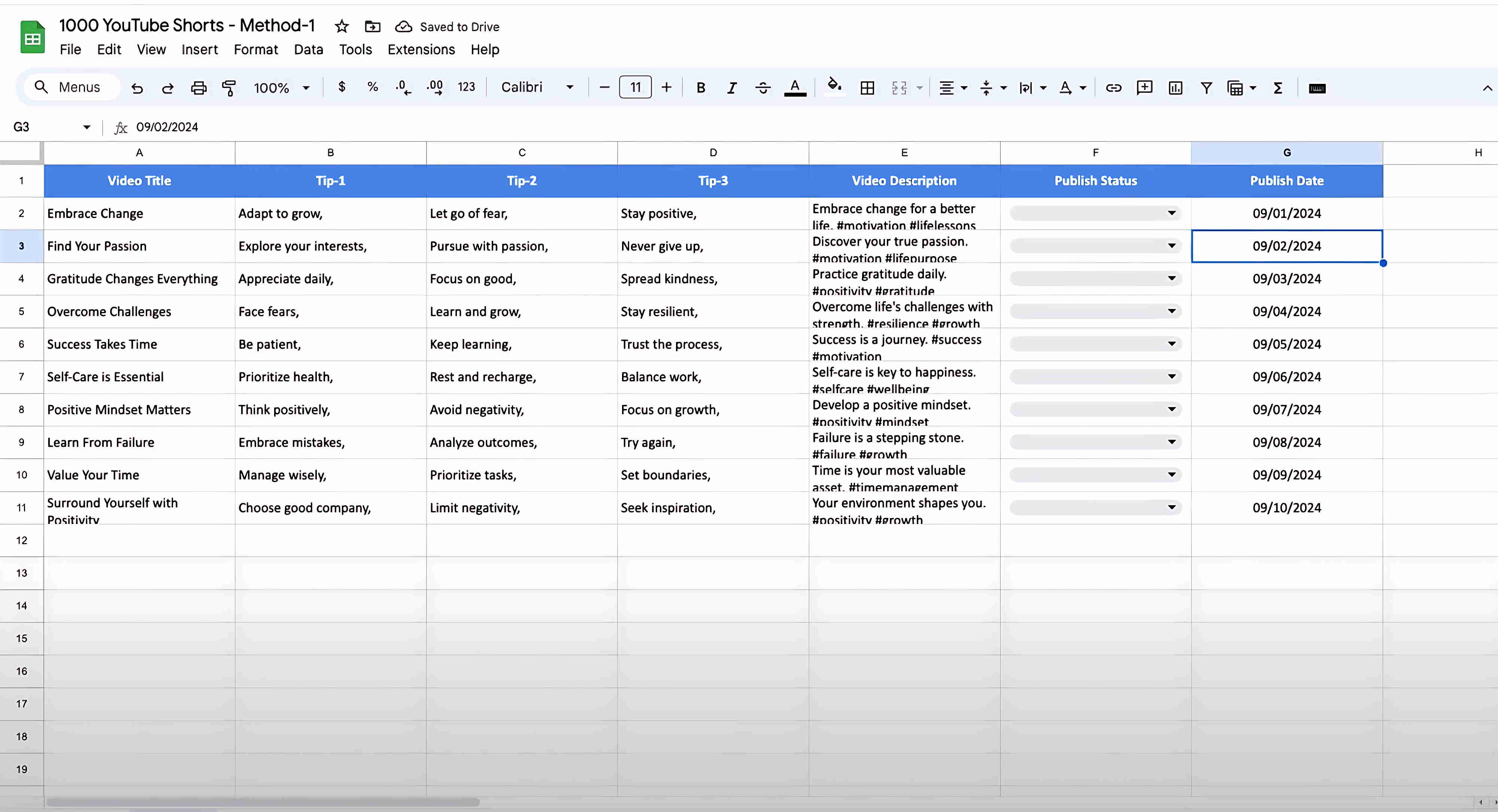 Google Sheets content management dashboard showing the YouTube Shorts video database with columns for video title, description, file name, publish date, status, and upload confirmation — the content calendar that drives the automated bulk upload workflow
