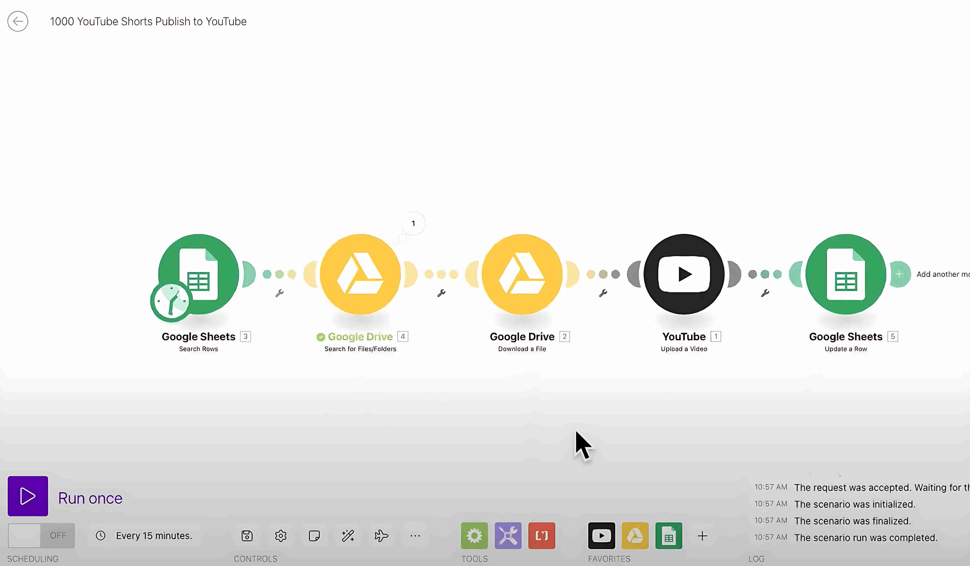 Make.com multi-platform publishing workflow showing the complete automation scenario — Google Sheets Search Rows retrieving Pending videos, Google Drive file search and download, YouTube Upload module with metadata mapping, and Google Sheets Update Row status tracking