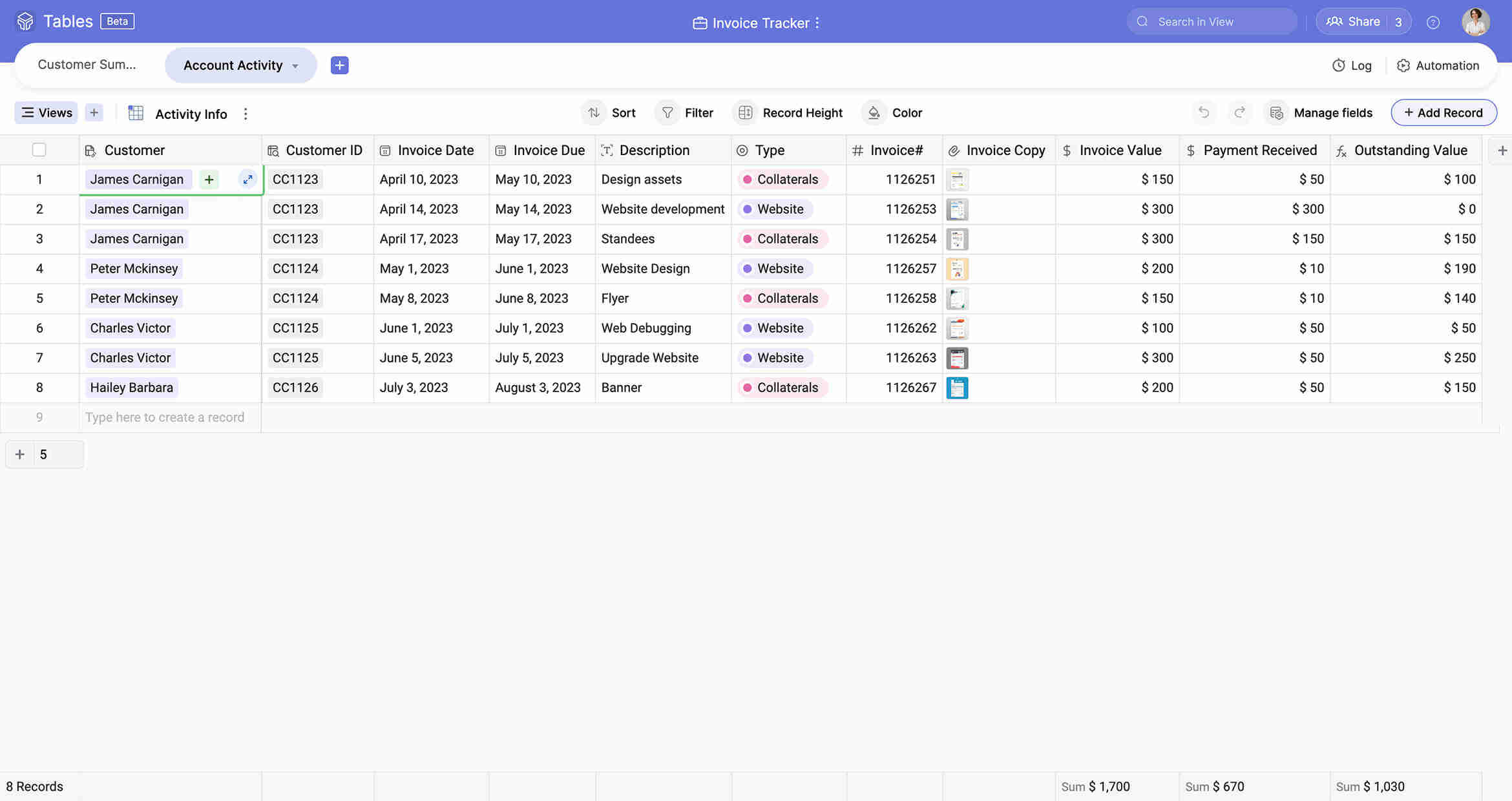 Invoice delivery monitoring grid showing all invoices with creation timestamps, client details, email delivery confirmation times, and delivery status — providing complete audit trail of every invoice communication