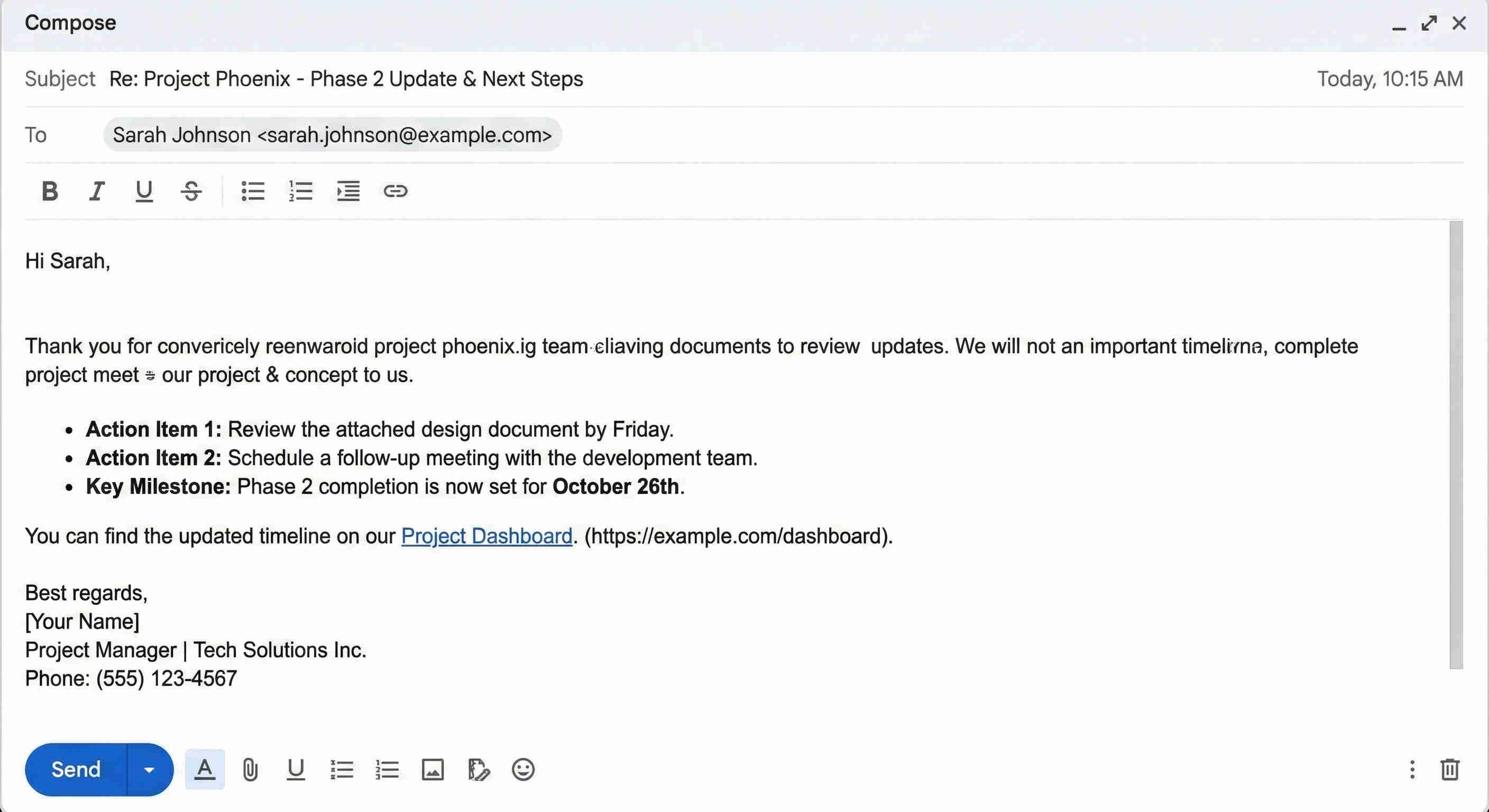 Formatted email reply in Microsoft Outlook showing the AI-generated response with proper HTML rendering — personalised greeting addressing sender by name, structured bullet points, professional formatting, and correct thread placement within the original conversation