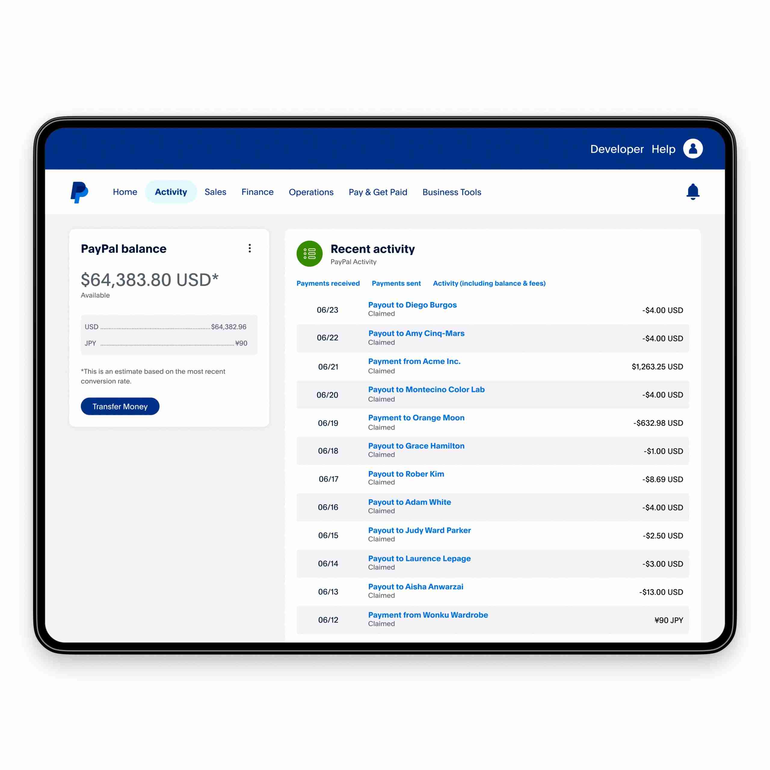 PayPal Mass Payouts dashboard showing the bulk batch processing confirmation with recipient count, total payout amount, batch payout ID, processing status, and individual transaction records with payment confirmation details